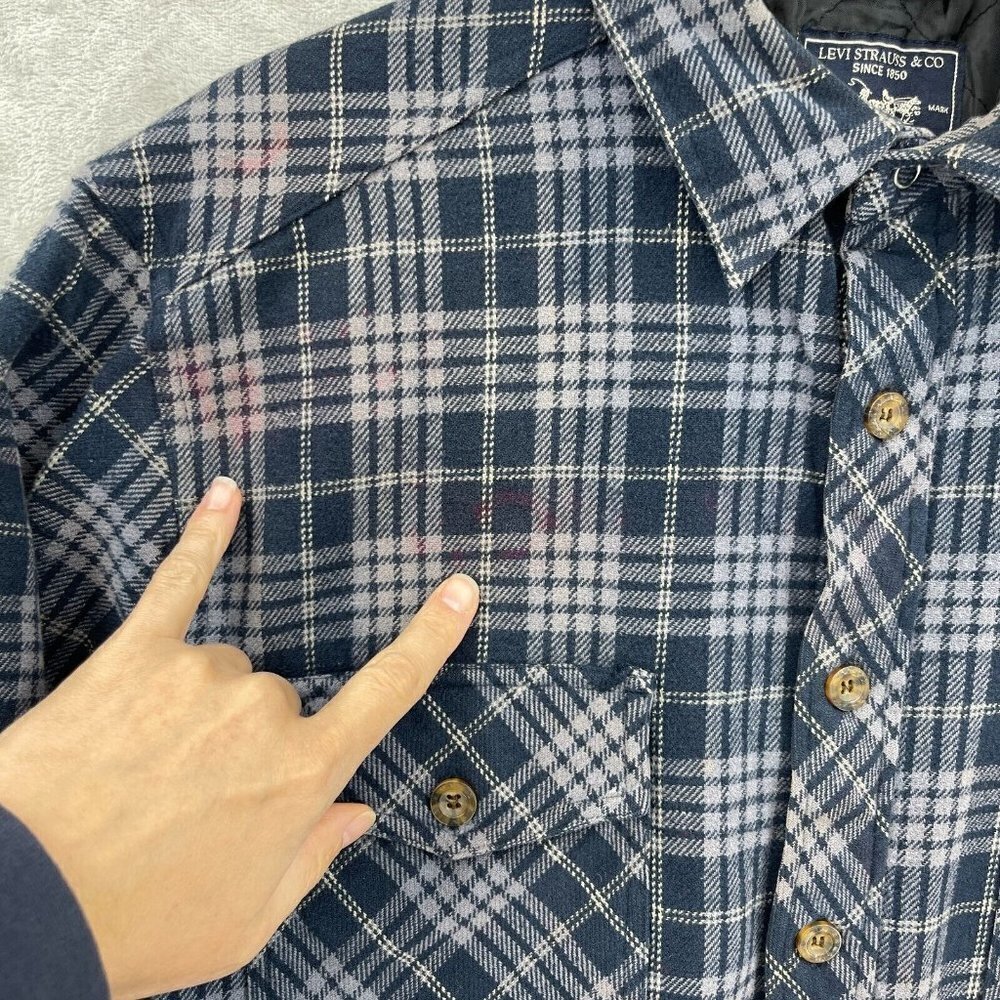 Levi's Blue Plaid Quilted Shacket Heavy Flannel Shirt Grunge Distressed - Picture 3 of 13